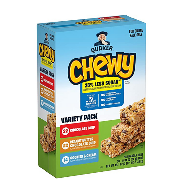 Barras de granola con bajo contenido de azúcar Quaker Chewy, paquete variado de 3 sabores