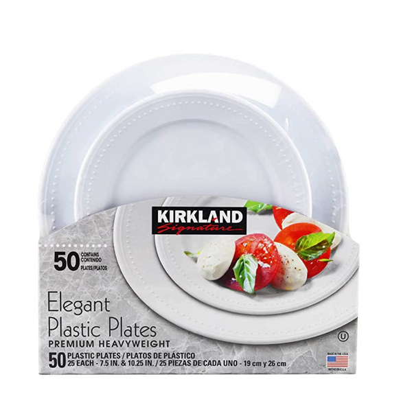 50 platos de plástico elegantes Kirkland Signature de alta calidad y peso pesado.