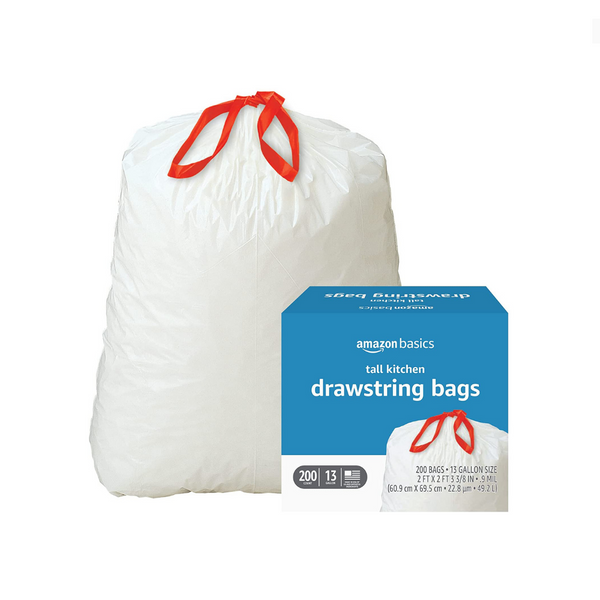 200 Amazon Basics 13 Gallon Tall Kitchen Drawstring Trash Bags