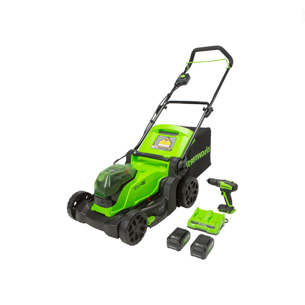 Greenworks Brushless Cordless Lawn Mower, 24V Brushless Drill, And 2 4.0Ah USB Batteries