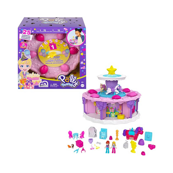 Cuenta regresiva para pastel de cumpleaños de Polly Pocket, 7 áreas de juego, 25 sorpresas