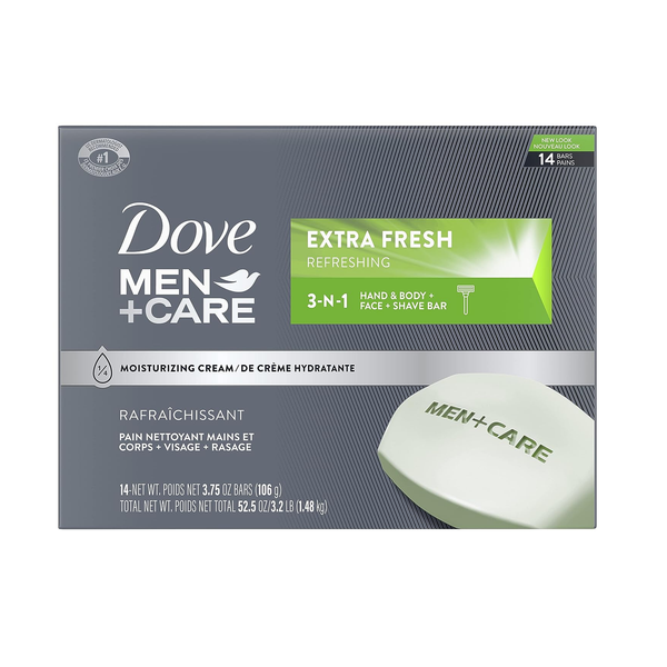 Paquete de 14 barras de jabón Dove +Care Extra Fresh para hombres