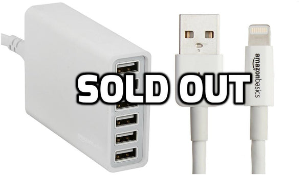 Cable Lightning certificado por Apple de 10 pies de AmazonBasics con cargador USB de 6 puertos