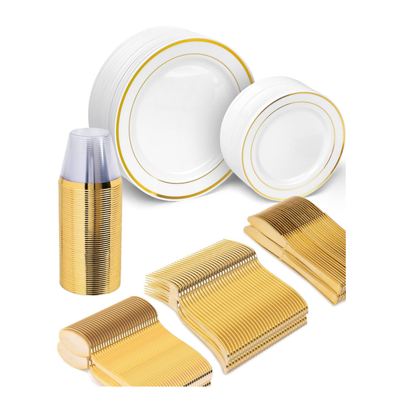 330 Pieces Elegant Gold Disposable Tableware Set for 55 Guests - Perfect for Weddings, Parties, and Gatherings