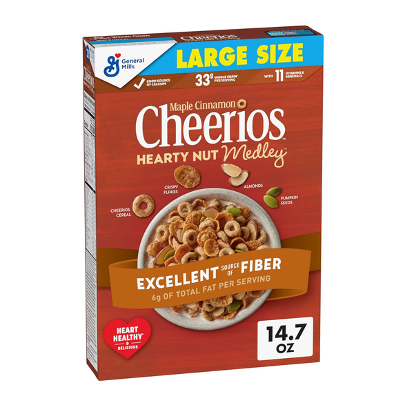 Large Size Cheerios Hearty Nut Medley Cereal Box, Maple Cinnamon Flavo